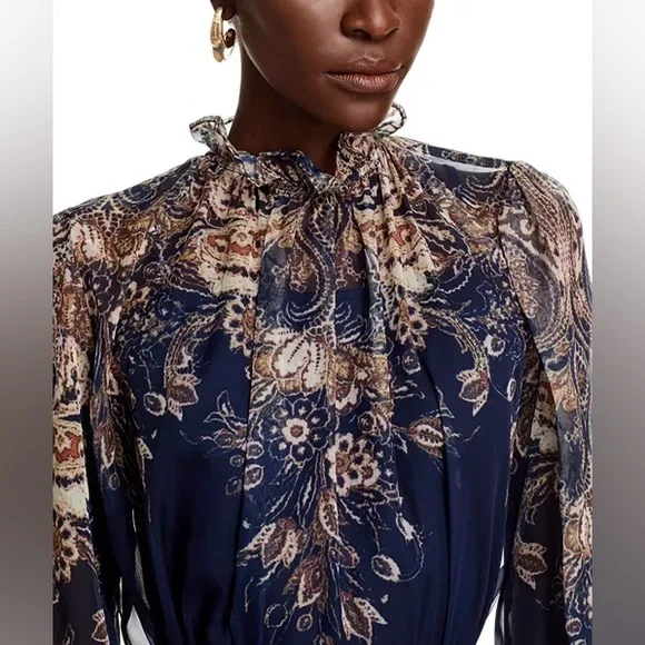 Nancy Yang Navy Floral Print Sheer Maxi Dress Ruffle Neck Size L NWT - Picture 4 of 8